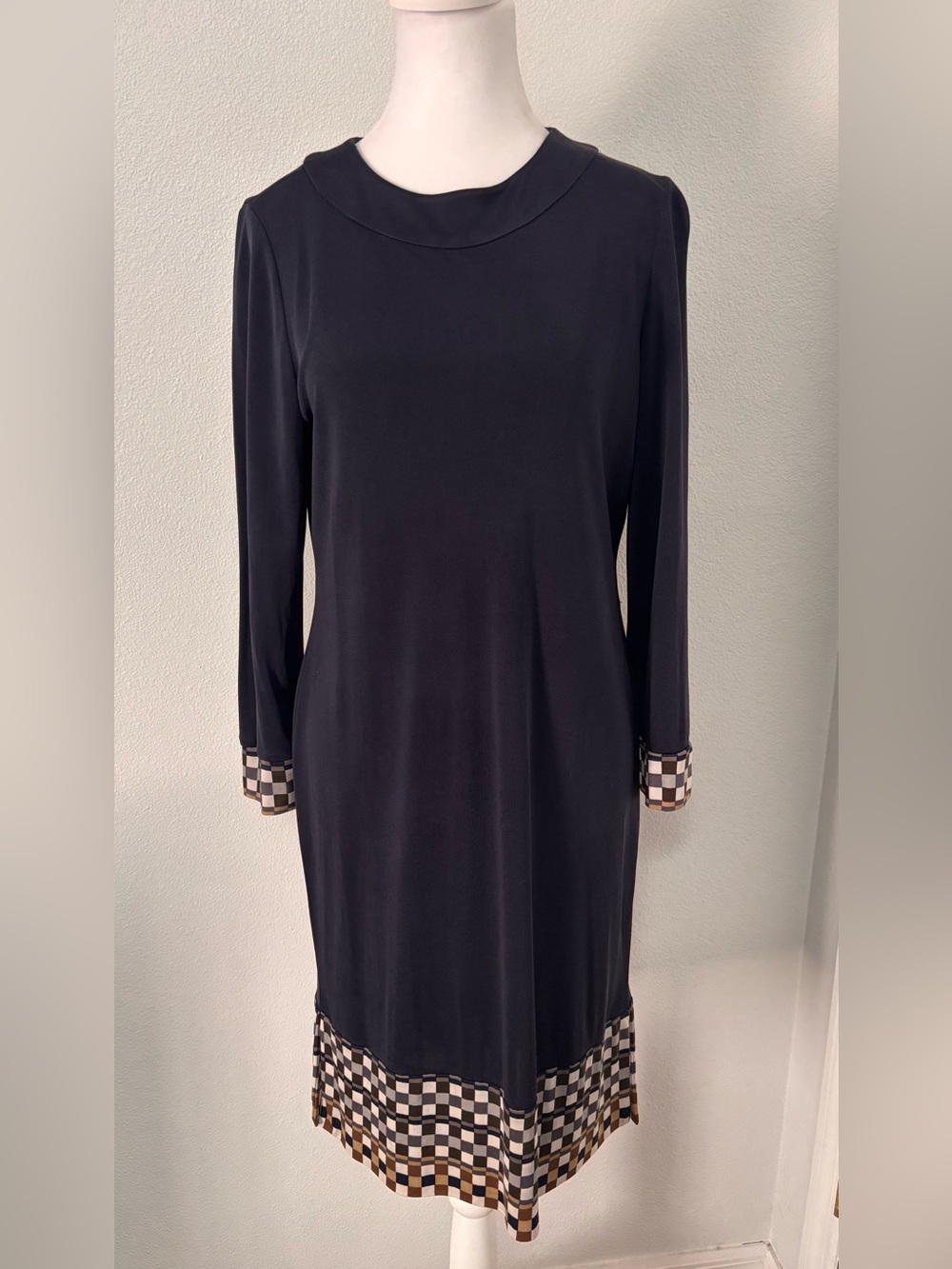Tory Burch Size Large Navy Blue SILK Checkered Accent Long Sleeve Shift Dress